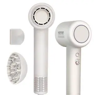 VEVOR High-Speed Hair Dryer with 102,000RPM Brushless Motor, 200 Million Negative Ions Hair Blow Dryer, 3-Color Temp LED Lights & 2 Speeds, Lightweight Hairdryer with Diffuser & Nozzle for Home Travel