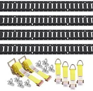 VEVOR E Track Tie-Down Rail Kit, 18PCS 5' E-Tracks Set Includes 4 Steel Rails & 8 O-Ring Anchors & 4 Tie-Offs with D-Ring & 2 Ratchet Straps, Securing Accessories for Cargo Motorcycles Bikes, 2000 lbs