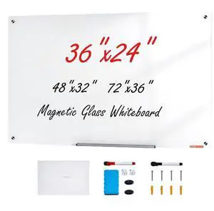 VEVOR Magnetic Glass Whiteboard, Dry Erase Board 36"x24", Wall-Mounted Large White Glassboard Frameless, with Marker Tray, an Eraser and 2 Markers, White