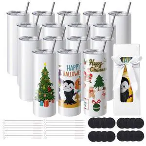 VEVOR 16 Pack Sublimation Tumblers 20oz Skinny Straight, Stainless Steel Sublimation Tumblers Blank, Stainless Steel Double Wall Tumbler for Heat Transfer Customized Gifts with Lid and Straw, Gift Box