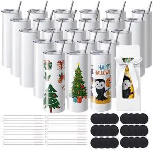 VEVOR 24 Pack Sublimation Tumblers 20oz Skinny Straight, Stainless Steel Sublimation Tumblers Blank, Stainless Steel Double Wall Tumbler for Heat Transfer Customized Gifts with Lid and Straw, Gift Box
