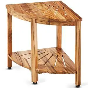VEVOR Corner Teak Shower Bench, 18.5" Height 15.5" Radius, 100% Teak Wood Corner Shower Beach, 500 LBS with Storage Shelf, Shower Stool for Inside & Outside Shower, for Bathroom