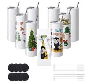VEVOR 8 Pack Sublimation Tumblers 20 Oz Skinny Straight, Stainless Steel Sublimation Tumblers Blank, Stainless Steel Double Wall Tumbler for Heat Transfer Customized Gifts with Lid and Straw, Gift Box