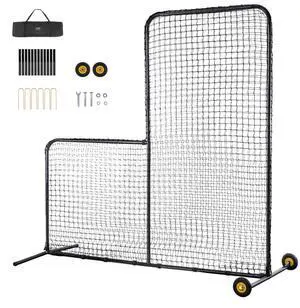 VEVOR L Screen Baseball for Batting Cage, 7x7 ft Softball Safety Screen, Body Protector Portable Batting Screen with Carry Bag, Wheels, Ground Stakes, Heavy Duty Pitching Net for Pitchers Protection