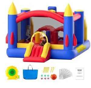 VEVOR  Inflatable Bounce House, Outdoor High Quality Playhouse Trampoline, Jumping Bouncer with Blower, Slide, and Storage Bag, Family Backyard Bouncy Castle, for Kid Ages 38 Years, 160x94x96 inch