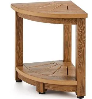 VEVOR Corner Shower Bench, 16.5" Height 12.8" Radius, Faux Wood Grain Polystyrene, 350 LBS with Storage Shelf, Water Resistant, Shower Stool for Inside & Outside Shower, for Bathroom, Living Room