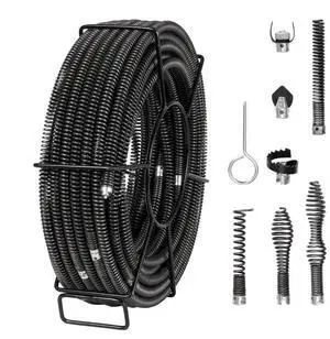 VEVOR Drain Cleaning Cable 100 FT x 5/8 Inch, Professional Sectional Drain Cleaner Cable with 7 Cutters for 0.8" to 3.9" Pipes, Hollow Core Sewer Drain Auger Cable for Sink, Floor Drain, Toilet