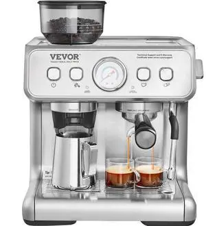 VEVOR  Espresso Machine with Grinder, 15 Bar Semi-Automatic Espresso Coffee Maker with Milk Frother Steam Wand, Removable Water Tank & Pressure Gauge for Cappuccino, Latte, Machiato, PID Control Syst