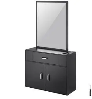 VEVOR  Salon Organizer, Wall-Hanging Unit for Hairdressers, Complete with 3 Holders, Mirror, Dual-Door Storage, and Single Drawer, Black
