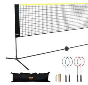 VEVOR Badminton Net, Height Adjustable Volleyball Net, 20ft Wide Foldable Pickleball Net, Portable Tennis Net Set with Poles, Stand, Bag, Rackets, Nylon Shuttlecocks, Kid Backyard Indoor Outdoor Use
