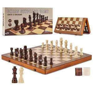 VEVOR Magnetic Wooden Chess Set, 15 inch 2-IN-1 Chess Checkers Game Set, Folding Chess Board Games for Adults Kids, 2 Queens Portable Travel Gift Chess Set for Tournament Professional Beginner