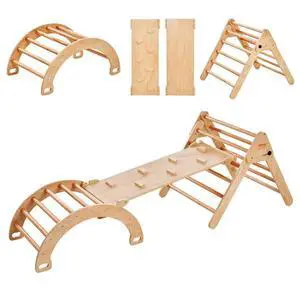VEVOR Pikler Triangle Set, 5 in 1 Toddler Climbing Toys Indoor Playground, Ramp, and Arch, Montessori Climbing Set with Triangle, Large Size Wooden Climbing Gym for Toddlers 1-3 Years, Wood Color