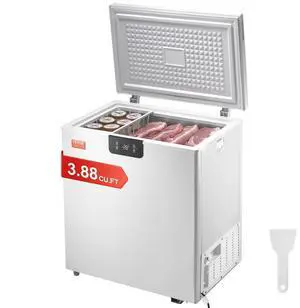 VEVOR  Chest Freezer, 3.88 Cu.ft / 110 L Compact Deep Freezer, Free Standing Top Open Door Compact Freezers with 2 Removable Baskets & Adjustable Thermostat, Energy Saving & Low Noise, White