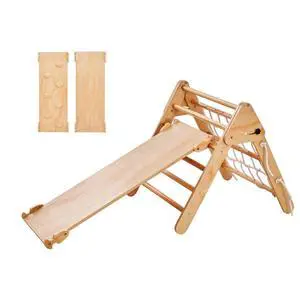 VEVOR Pikler Triangle Set, 4 in 1 Toddler Climbing Toys Indoor Playground, Large Size Wooden Climbing Gym for Toddlers 1-3 Years, Montessori Climbing Set with Triangle and Ramp, Wood Color