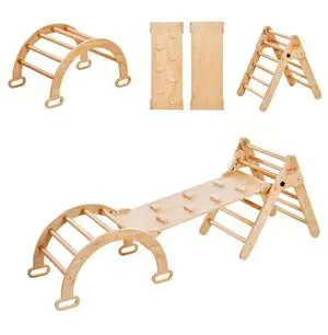 VEVOR Pikler Triangle Set, 5 in 1 Toddler Climbing Toys Indoor Playground, Ramp, and Arch, Montessori Climbing Set with Triangle, Medium Size Wooden Climbing Gym for Toddlers 1-3 Years, Wood Color