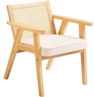 VEVOR  Mid Century Modern Rattan Chair, Upholstered Velvet Accent Chair with Rattan Back, Retro Living Room Chair for Living Room, Bedroom, Reading Room, and Office, Beige