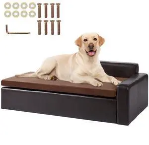 VEVOR Pet Sofa, Dog Couch for Large-Sized Dogs and Cats, Soft Leather Dog Sofa Bed, 110 lbs Loading Cat Sofa, Brown