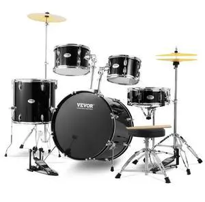 VEVOR  Adult Drum Set, 5-Piece, 22 inches Complete Full Size Drum Kit with Bass Toms Snare Floor Drum Adjustable Throne Stands Cymbal Hi-Hat Pedal and Drumsticks, Beginner Drum Kit for Adults, Black