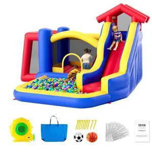 VEVOR  Inflatable Bounce House, Outdoor High Quality Playhouse Trampoline, Jumping Bouncer with Blower, Slide, and Storage Bag, Family Backyard Bouncy Castle, for Kid Ages 38 Years, 131x133x91 inch