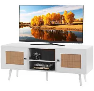 VEVOR Rattan TV Stand, Boho TV Cabinet for 55 inch TV, Mid Century Modern TV Stand, Rattan TV Console with Adjustable Shelfs for  Living Room, Media Room, White