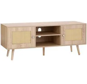 VEVOR Rattan TV Stand, Boho TV Cabinet for 55 inch TV, Mid Century Modern TV Stand, Rattan TV Console with Adjustable Shelfs for  Living Room, Media Room, Oak
