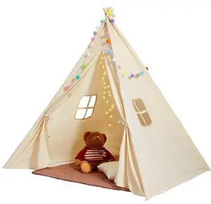 VEVOR Kids Play Tent, Teepee Tent for Kids 1-5 Years Old, Tent for Kids with Windows for Indoor and Outdoor, Toddler Tent with Mat and Plush Decorative Balls, for Boys and Girls, Beige