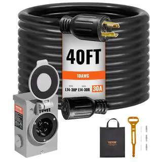 VEVOR 30 Amp Generator Cord and Power Inlet Box Kit, 40 FT, NEMA L14-30P/L14-30R STW 10 AWG Generator Power Extension Cord with Twist Lock Connector, Pre-Drilled Inlet Box for RV Outdoor, ETL Listed