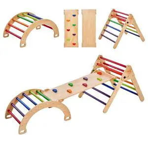 VEVOR Pikler Triangle Set, 5 in 1 Toddler Climbing Toys Indoor Playground, Large Size Wooden Climbing Gym for Toddlers 1-3 Years, Montessori Climbing Set with Triangle, Ramp, and Arch, Colorful
