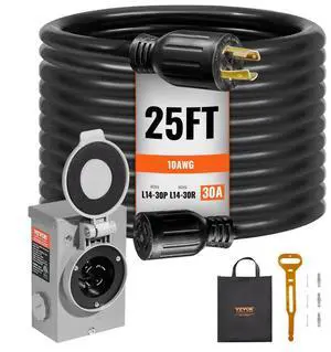 VEVOR 30 Amp Generator Cord and Power Inlet Box Kit, 25 FT, NEMA L14-30P/L14-30R STW 10 AWG Generator Power Extension Cord with Twist Lock Connector, Pre-Drilled Inlet Box for RV Outdoor, ETL Listed