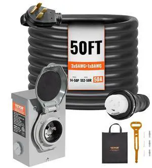 VEVOR  50 Amp Generator Cord and Power Inlet Box Kit, 50FT, NEMA 14-50P/SS2-50R STW 6/3+8/1 AWG Generator Power Cord with Twist Lock Connector, Pre-Drilled Inlet Box for Generator to House, ETL Listed