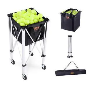 VEVOR Foldable Tennis Ball Hopper, Holds 180 Tennis Balls, Lightweight Aluminum Alloy Tennis Ball Basket Cart with Wheels, Removable Bag, Carry Bag, Portable Sports Teaching Cart for Tennis Player