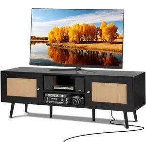 VEVOR Rattan TV Stand for 65 inch TV, Boho TV Stand with Rattan Door, Entertainment Center with Build-in Socket and USB Ports, Modern TV Console for Living Room, Media Room, Black