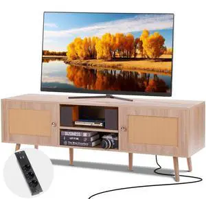 VEVOR Rattan TV Stand, Mid Century Modern TV Stand for 65 inch TV, Boho Rattan TV Cabinet with Build-in Socket and USB Ports, Adjustable Shelfs for Living Room, Media Room, Oak