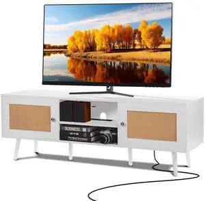 VEVOR Rattan TV Stand for 65 inch TV, Boho TV Stand with Rattan Door, Entertainment Center with Build-in Socket and USB Ports, Modern TV Console for Living Room, Media Room, White