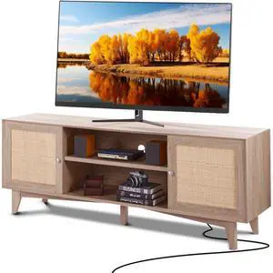 VEVOR  Rattan TV Stand, Mid Century Modern TV Stand for 75 inch TV, Boho Rattan TV Cabinet with Build-in Socket and USB Ports, Adjustable Shelfs for Living Room, Media Room, Oak