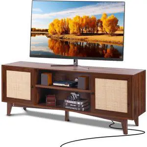 VEVOR  Rattan TV Stand for 75in TV, Boho TV Stand with Rattan Door, Entertainment Center with Build-in Socket, Storage Cabinet with 2 Shelves, Modern TV Console for Living Room, Media Room, Walnut