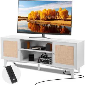 VEVOR  Rattan TV Stand for 75in TV, Boho TV Stand with Rattan Door, Entertainment Center with Build-in Socket, Storage Cabinet with 2 Shelves, Modern TV Console for Living Room, Media Room, White