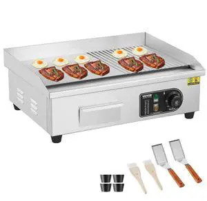 VEVOR Commercial Electric Griddle, 1600W Countertop Half-Flat Top Grill, 122-572 Adjustable Temp, 21.26x11.81x0.39in Stainless Steel Griddle Grill with 2 Shovels and 2 Brushes for Home or Restaurant