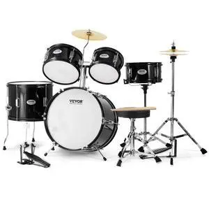 VEVOR Kids Drum Set, 5-Piece, 16 in Beginner Full Drum Set with Bass Toms Snare Floor Drum Adjustable Throne Cymbal Hi-Hat Pedal and Two Pairs of Drumsticks, Starter Drum Kit for Child Kids, Black