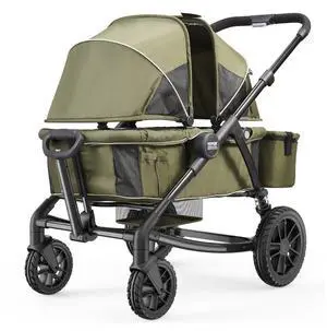 VEVOR  All-Terrain Stroller Wagon, 2 Seats Foldable Expedition 2-in-1 Collapsible Wagon Stroller, Includes Canopy, Parent Organizer, Snack Tray & Cup Holders, 55lbs for Single Seat, Olive Green