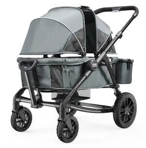 VEVOR  All-Terrain Stroller Wagon, 2 Seats Foldable Expedition 2-in-1 Collapsible Wagon Stroller, Includes Canopy, Parent Organizer, Snack Tray & Cup Holders, 55lbs for Single Seat, Dark Grey/Black