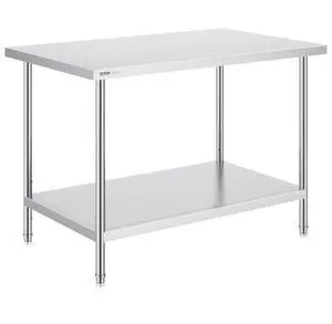VEVOR Stainless Steel Prep Table, 30 x 48 x 34 Inch, Heavy Duty Metal Worktable with 3 Adjustable Height Levels, Commercial Workstation for Kitchen Garage Restaurant Backyard