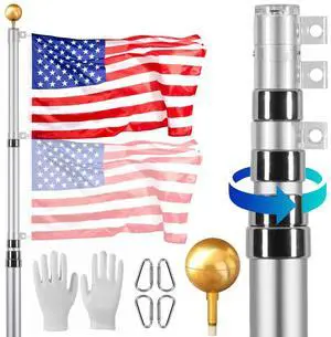 VEVOR 25FT Telescoping Flag pole Kit, Heavy Duty Aluminum Alloy in Ground Flag Poles for Outside, 3 Display Modes Flagpole with 3x5 American Flag, Professional Accessories, Silver