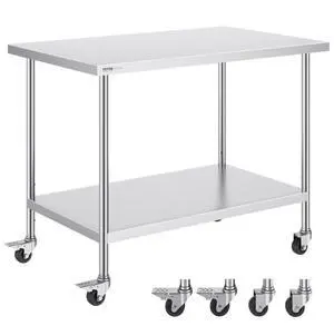 VEVOR  Stainless Steel Work Table 30 x 48 x 38 Inch, with 4 Wheels, 3 Adjustable Height Levels, Heavy Duty Food Prep Worktable for Commercial Kitchen Restaurant, Silver