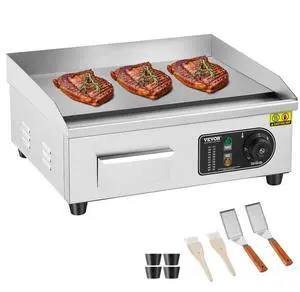 VEVOR Commercial Electric Griddle, 1700W Countertop Flat Top Grill, 122-572  Adjustable Temp, 17.72 x 11.81 x 0.39in Stainless Steel Griddle Grill with 2 Shovels and 2 Brushes for Home or Restaurant