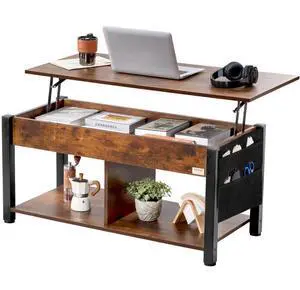 VEVOR  Lift Up Coffee Table, 41.7 in Rectangle Coffee Table with Storage Drawers, Hidden Compartments and Open Shelf for Living Room, Home, Office, Brown