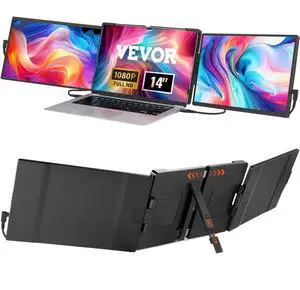 VEVOR  Portable Laptop Screen Extender, 14" FHD 1080P IPS Triple Extended Monitor for 13"-17" Laptop, Swivel Portable Monitor USB-C/USB-A/Mini HDMI Port, Compatible with Mac/Wins/Android/Switch/PS5