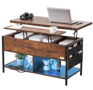 VEVOR  Coffee Table, Lift Top Coffee Table with Fabric Storage Bag, Small Coffee Table with Charging Station & USB & LED Light, 4-in-1 Coffee Tables for Living Room & Office, Brown