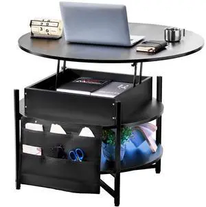 VEVOR  Lift Top Coffee Table 35.3" Round Coffee Table with Storage Drawers, Hidden Compartments and Open Shelf for Living Room, Home, Office, Black
