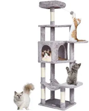 VEVOR Cat Tree 60.6" Cat Tower with Cat Condo Sisal Scratching Post Light Grey